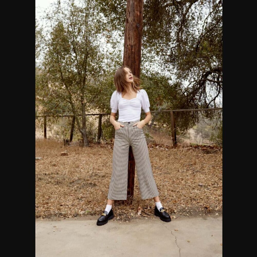 Whimsy + Row Flora High Rise Wide Leg Crop Pants in Brown & Black Plaid M